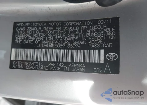 2011 Toyota Corolla Le из США, поврежденный, VIN JTDBU4EE0B9138094